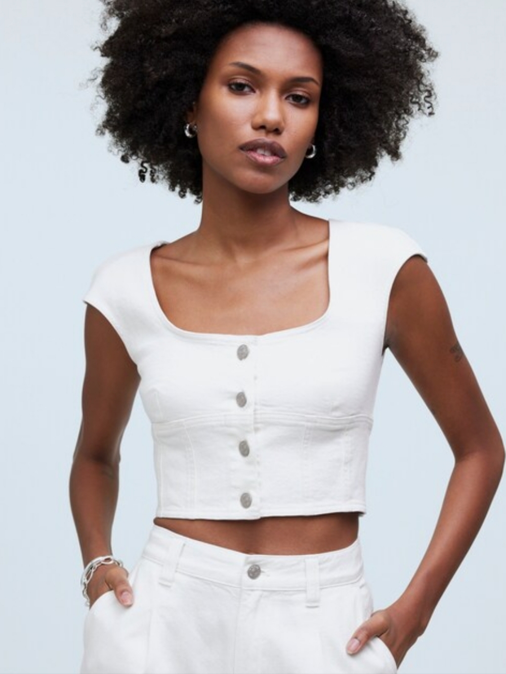 Madewell White Denim Darted Crop Top | Structured Sleeveless Shirt | Size 16 |